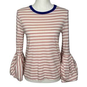 English Factory Striped Pullover Shirt Women XS Pink White Puff Sleeve Crew Neck